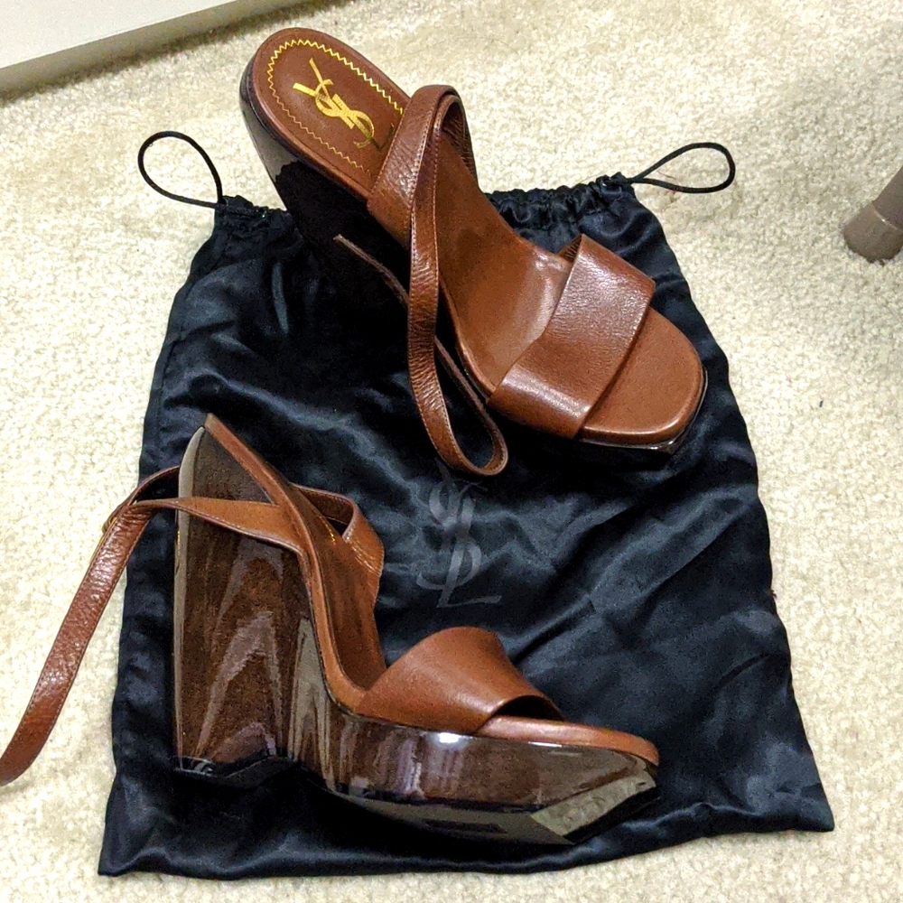 YSL Strapy Laquer wedge brown shoes, size 8.5
